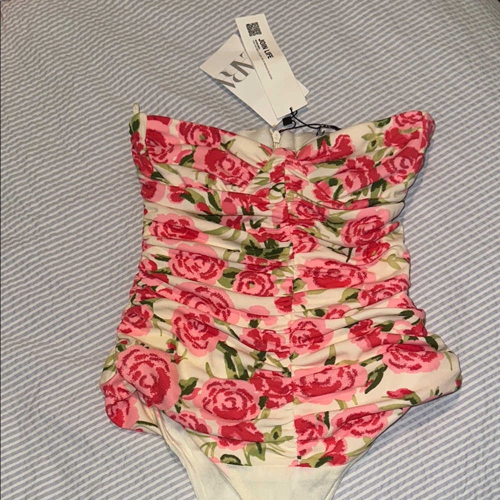 Zara Pink Floral Strapless Swimsuit